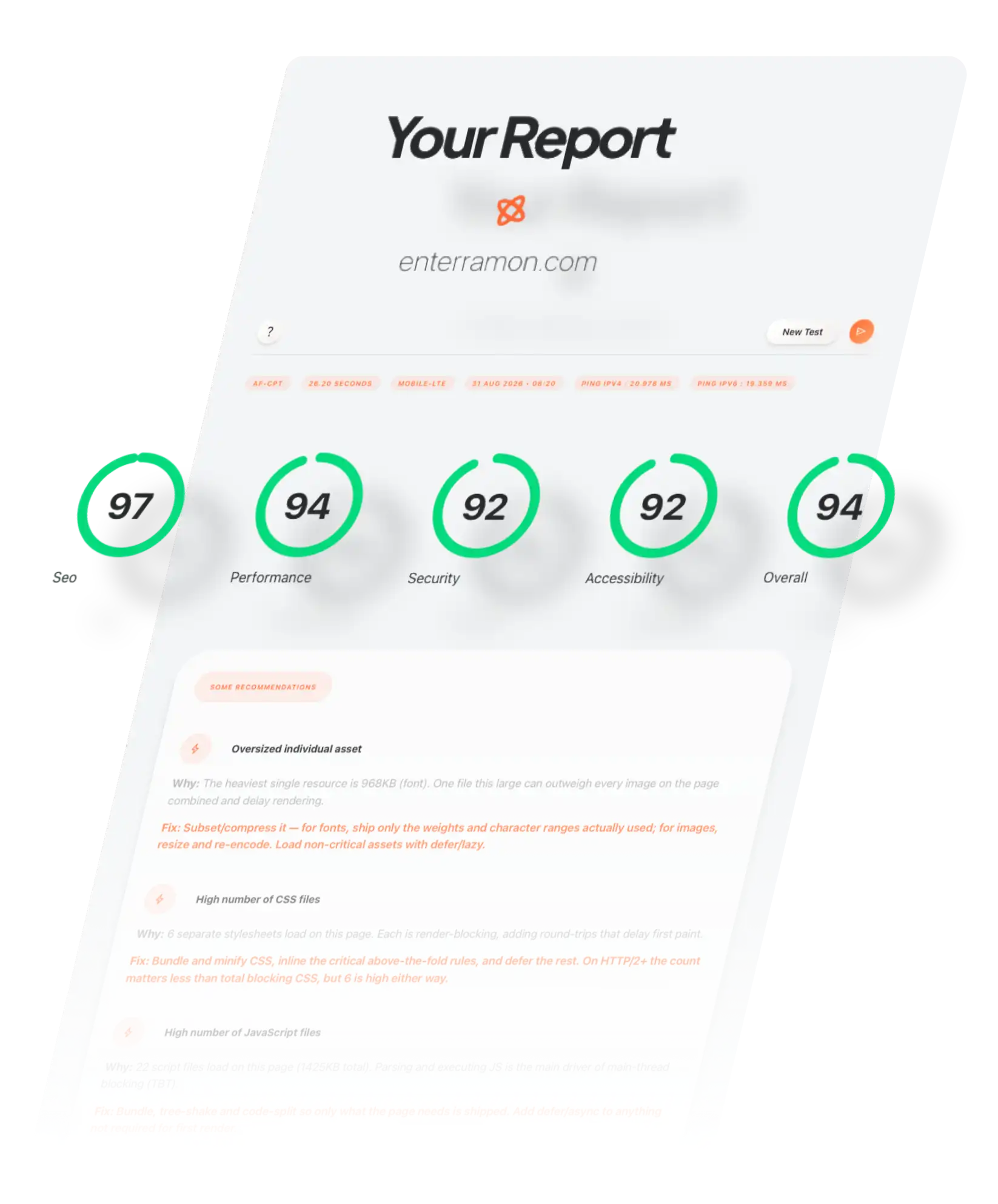 Enterramon website audit report showing SEO, performance and security scores