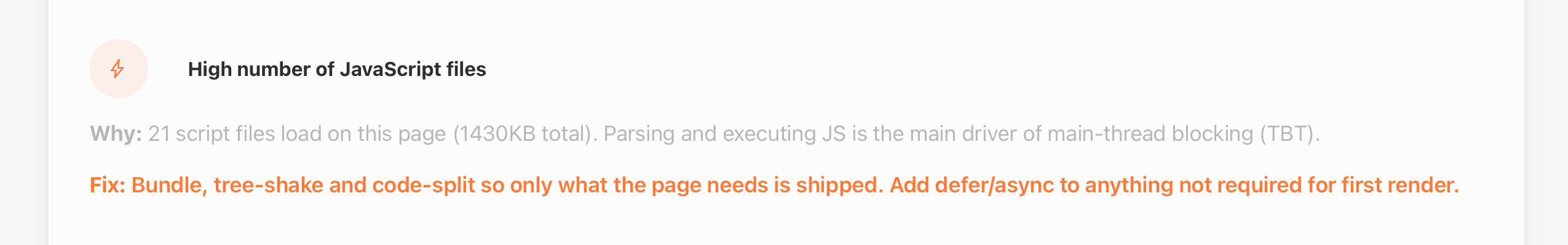 Enterramon report showing the High number of JavaScript files finding with the script count and size