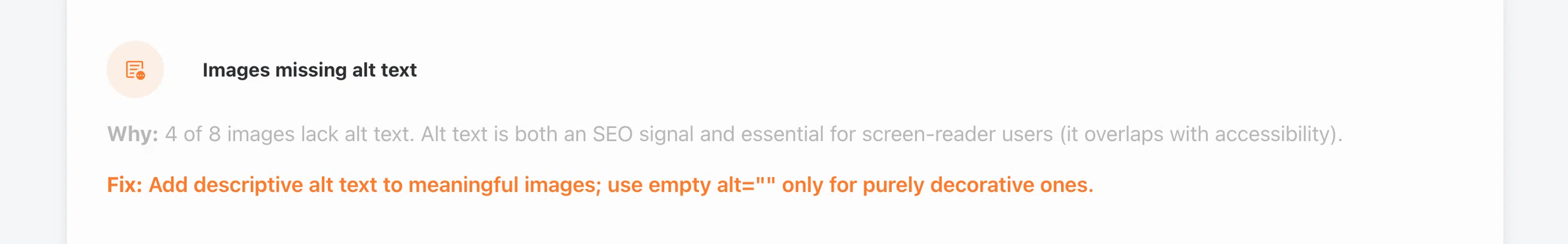 Enterramon report showing the images missing alt text finding with the count of images without the attribute