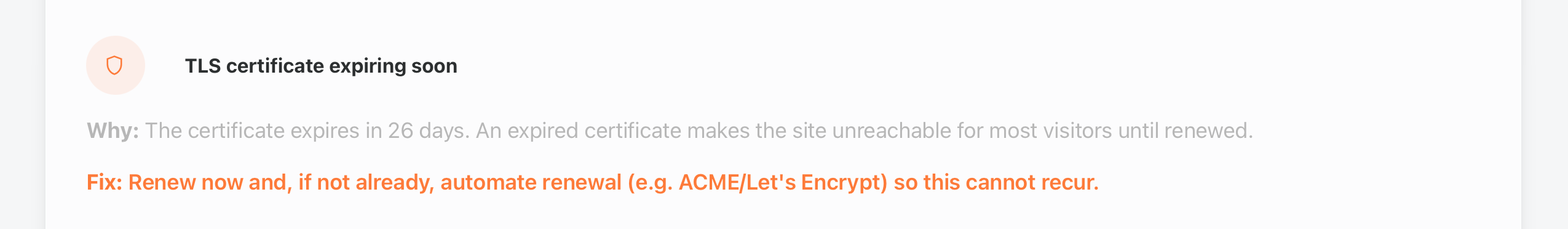 Enterramon report showing the TLS certificate expiring soon finding with the days remaining