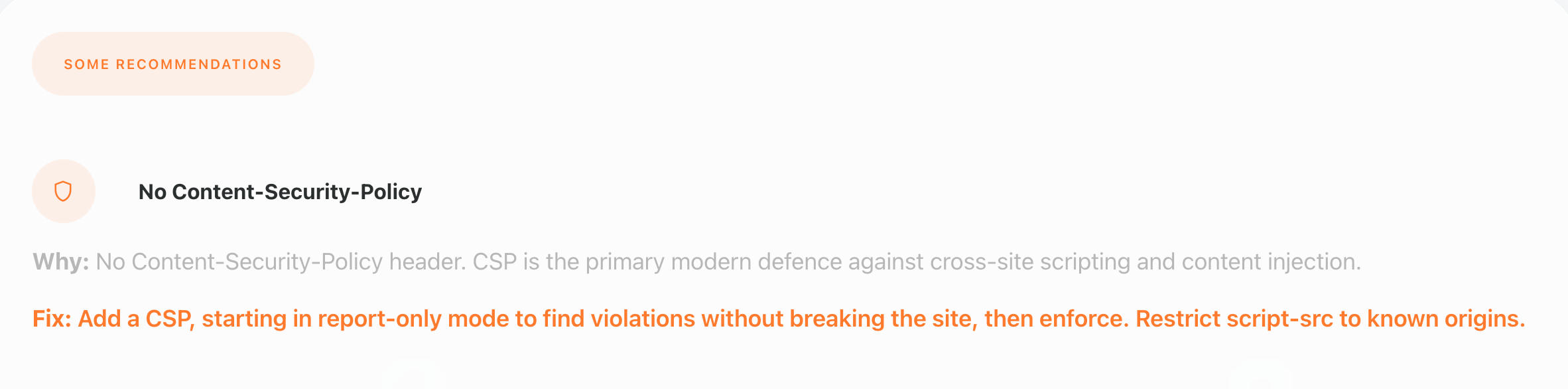 Enterramon report showing the No Content-Security-Policy recommendation with the fix summary
