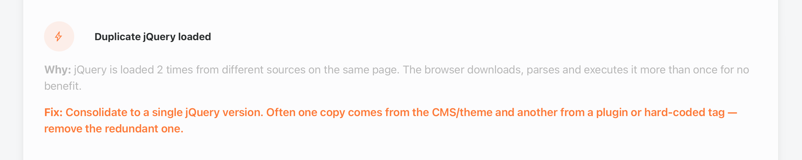 Enterramon report showing the Duplicate jQuery loaded finding with both source URLs named