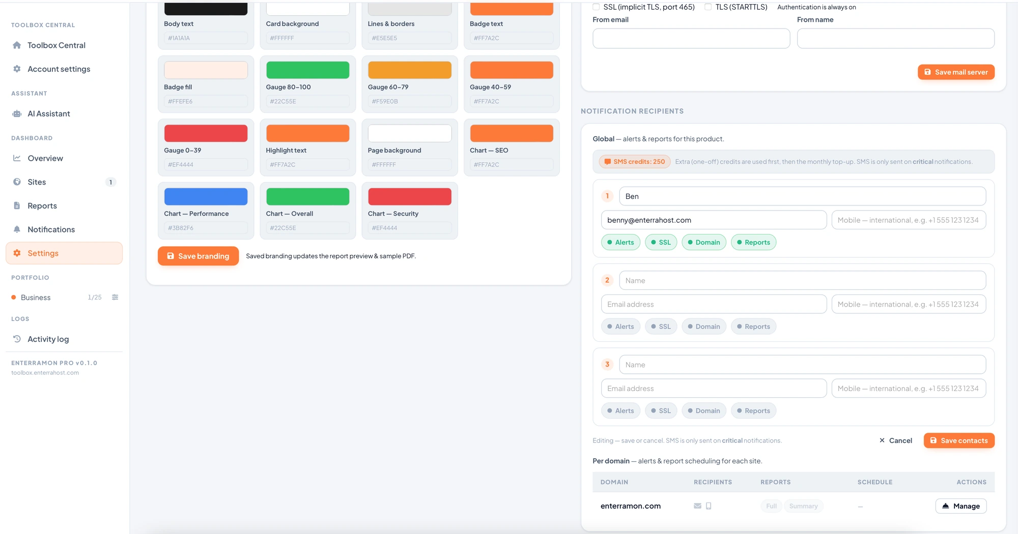 The Enterramon branding panel with editable colours for report text, gauges and charts