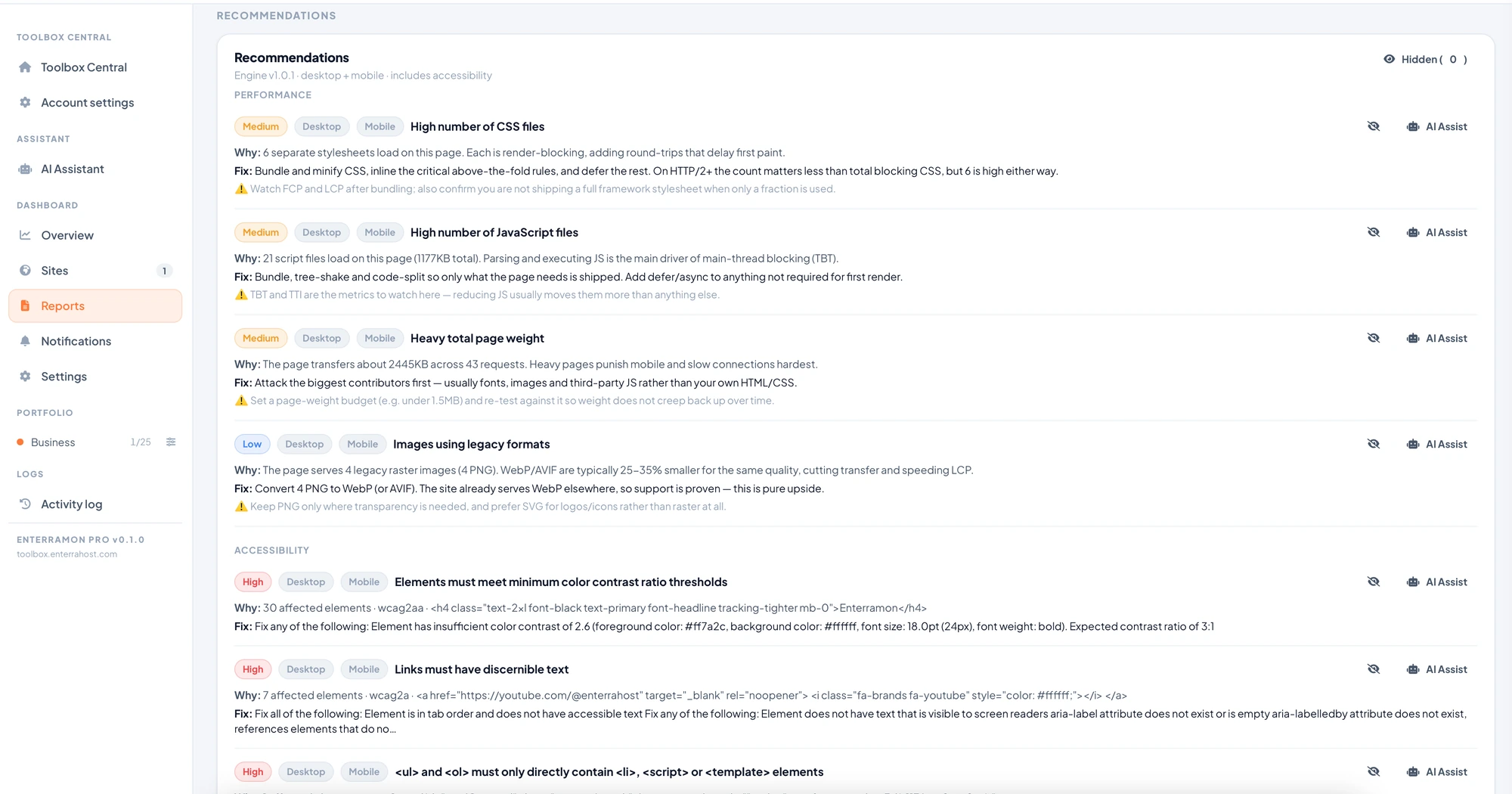 The Enterramon recommendations list, each finding with a severity, a device scope and a fix