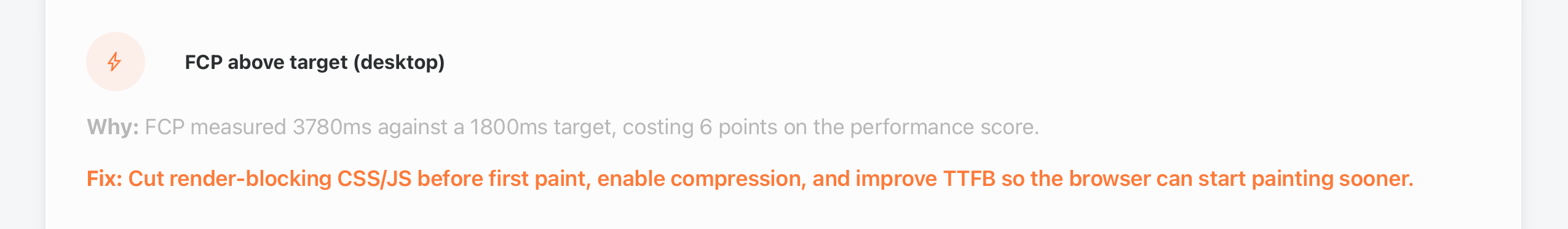 Enterramon report showing the FCP above target finding with the measured value