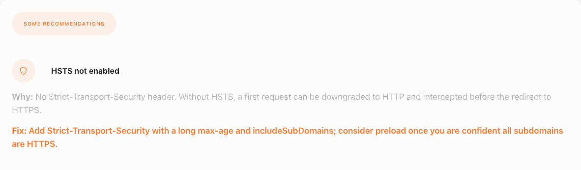 Enterramon report showing the HSTS not enabled recommendation with the fix summary