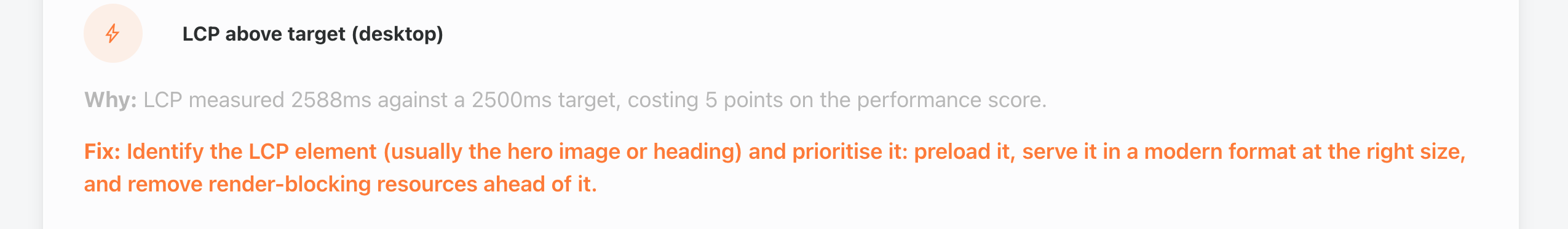 Enterramon report showing the LCP above target finding with the measured value