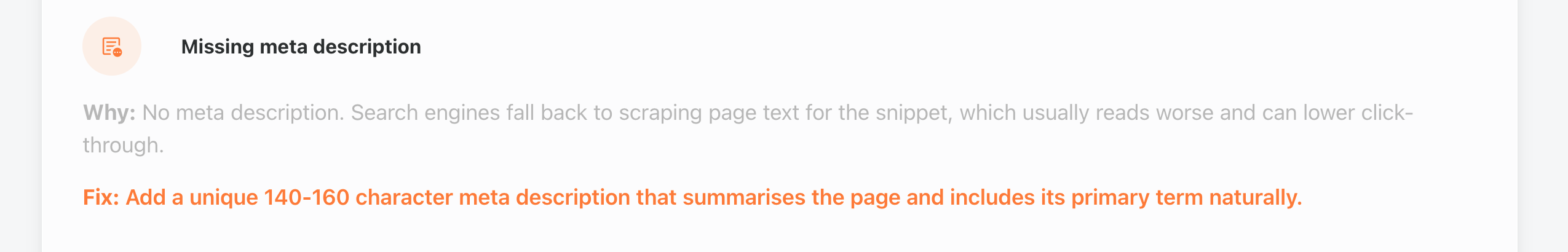 Enterramon report showing the Missing meta description finding with the explanation