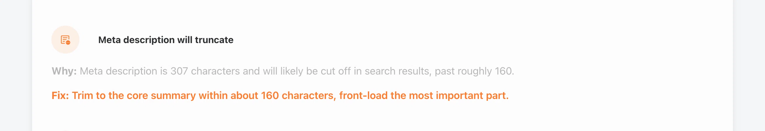 Enterramon report showing the meta description will truncate finding with a length of 307 characters against a 160 character line
