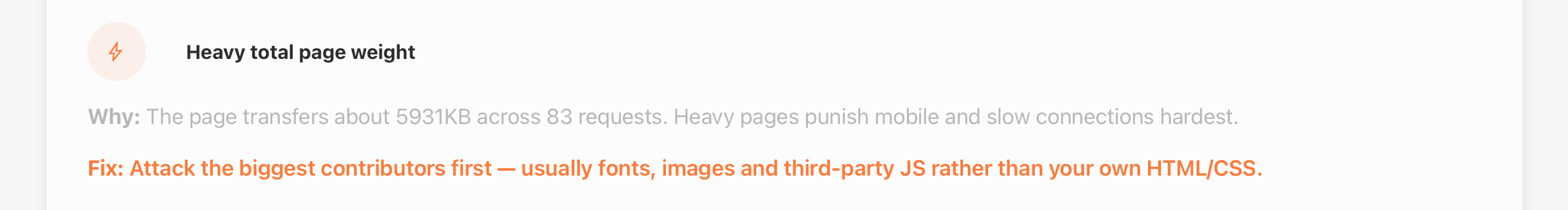 Enterramon report showing the Heavy total page weight finding with the transfer size and request count