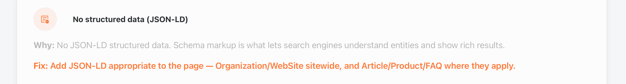 Enterramon report showing the No structured data JSON-LD finding with the explanation and fix