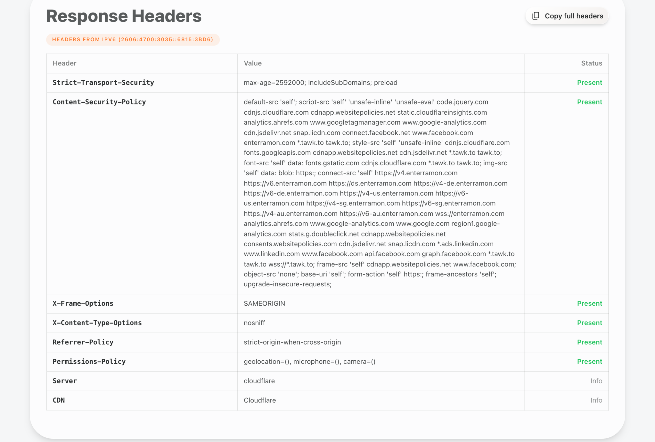 Server check tool response headers table showing Strict-Transport-Security present with a long max-age and includeSubDomains