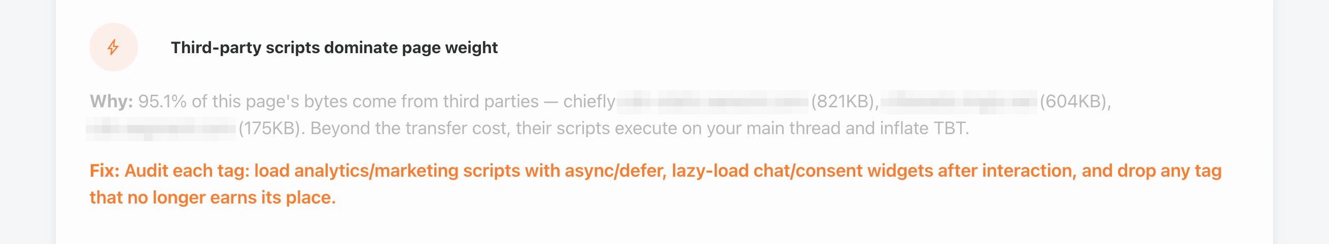 Enterramon report showing the third-party scripts dominate page weight finding with the share and the heaviest hosts