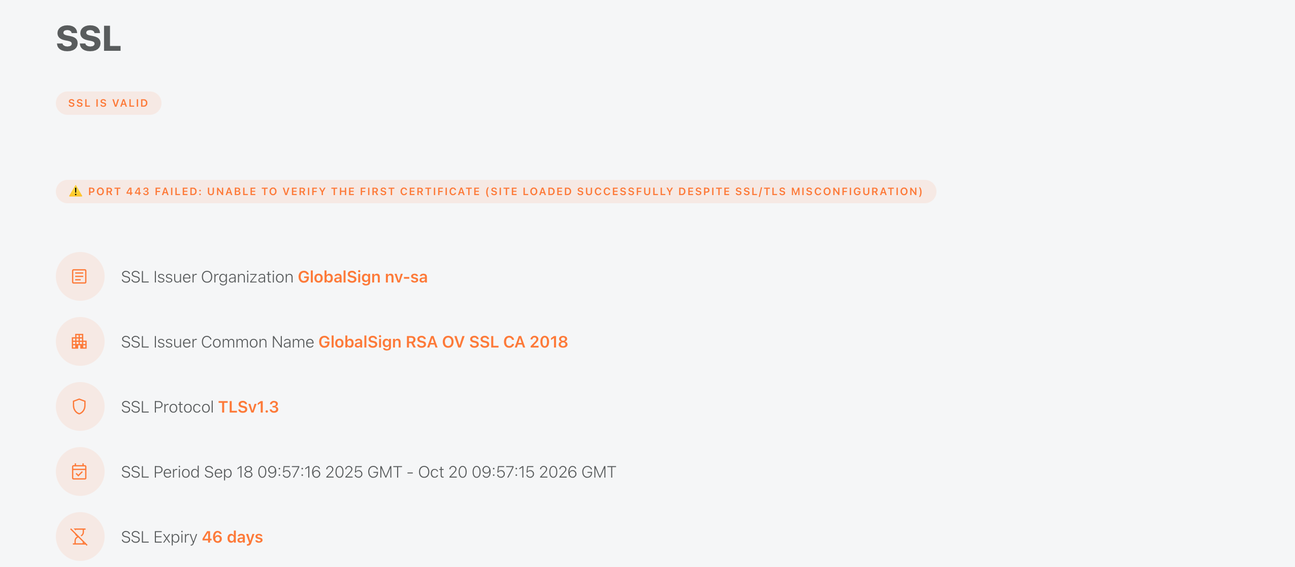 Enterramon report SSL section showing the certificate is valid but the chain fails to verify