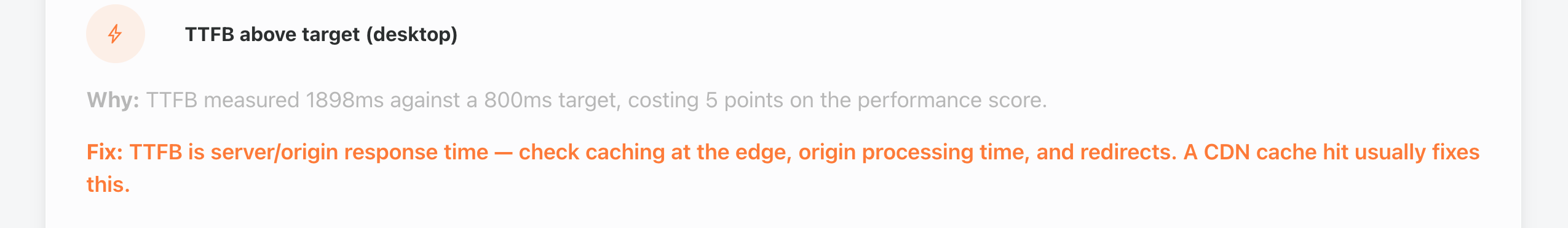 Enterramon report showing the TTFB above target finding with the measured value